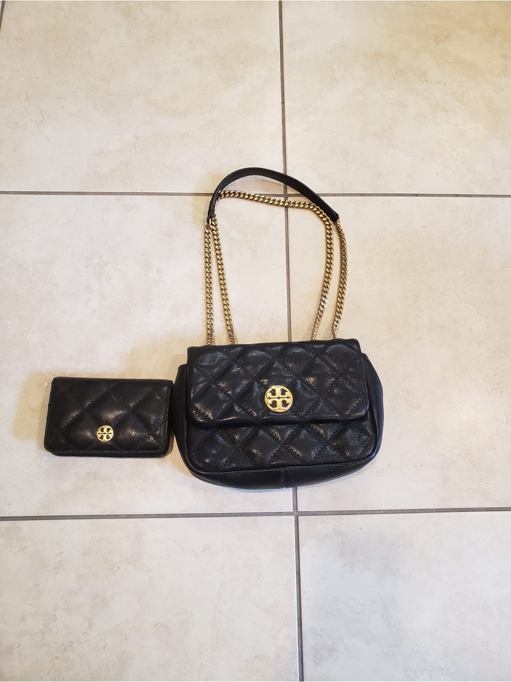 Tory Burch Willa black diamond quilted with gold hardware including wallet